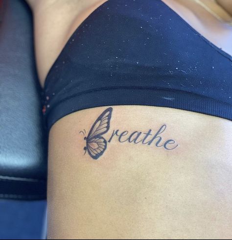 Side Wrist Tattoos Black Women, Ways Tattoo With Butterfly, Wrist Tattoos For Women Semicolon, Butterfly Breathe Tattoo, Tiny Tattoos Black Women, Breathe Butterfly Tattoos, Breathe Tattoos With Butterfly, Small Baddie Tattoo Ideas, Underboob Tattoo Black Women