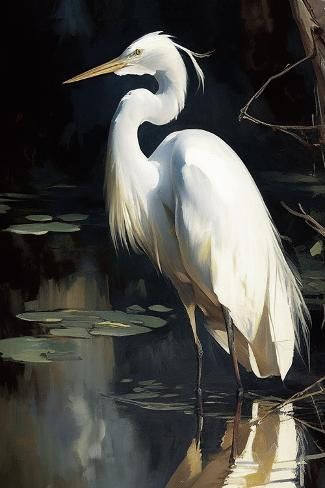 size: 18x12in Art Print: White Egret by Vivienne Dupont : Shore Bird Art, Bird Painting Acrylic, Heron Art, White Egret, Beautiful Oil Paintings, Art Print Display, Bird Pictures, Exotic Birds, Watercolor Bird