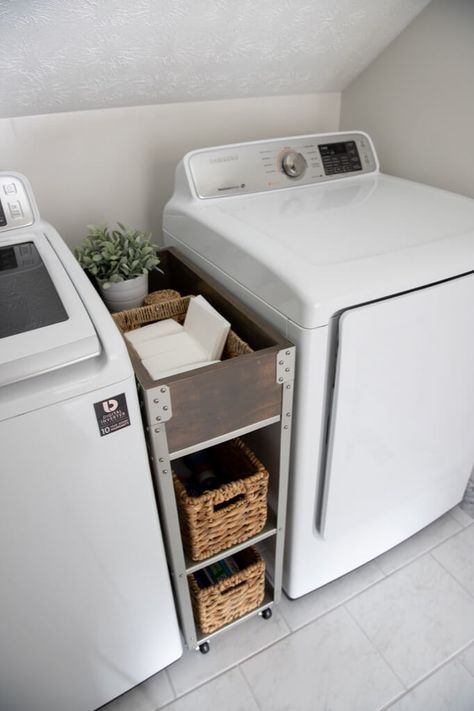 Between Washer And Dryer Storage, Washer And Dryer Storage, Between Washer And Dryer, Hackers Ikea, Laundy Room, Laundry Shelves, Room Storage Diy, Rolling Storage Cart, Laundry Room Remodel