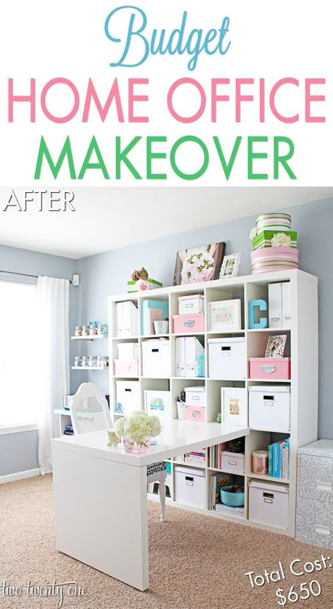 Budget Home Office / Craft Room Makeover Budget Home Office, Home Office Makeover, Feminine Home Offices, Room Studio, Dream Craft Room, Craft Room Design, White Desk, Diy Ikea, Scrapbook Room