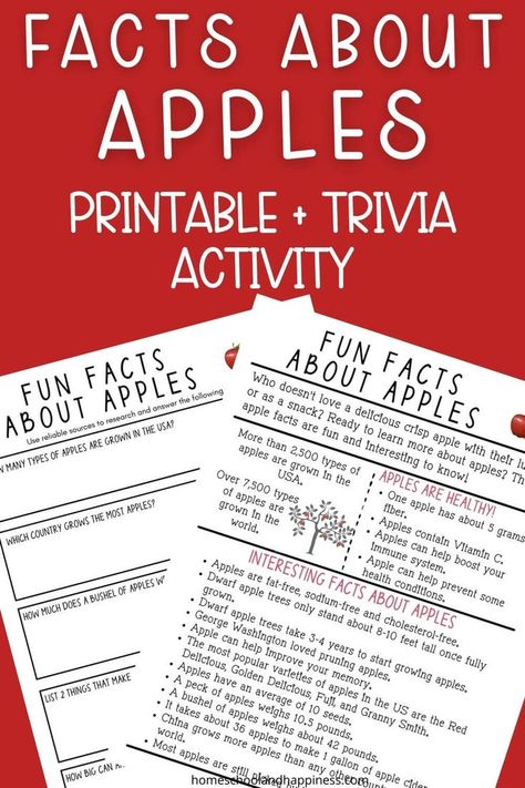 Apple Facts for Kids – Printable Apple Trivia Activity Apple Activities Middle School, Apple Facts For Kids, Fun Apple Activities, Apple Unit Study Free Printables, Apple Tasting, Apple Activities Elementary School, Apple Games For Kids, Apple Day Activities For Kids, Apple Picking Activity