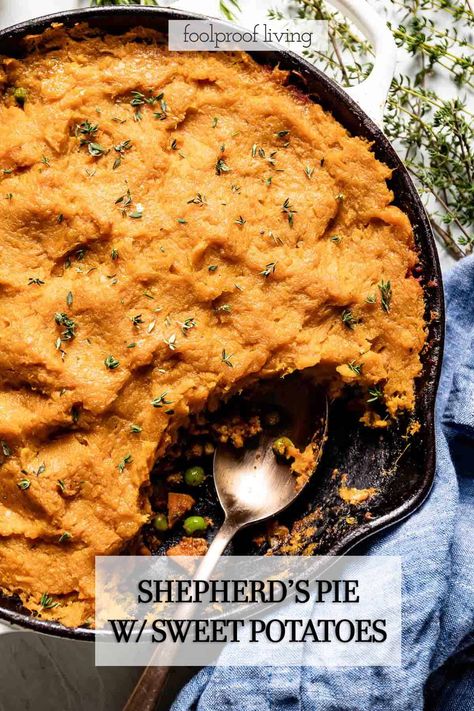 Shepherd's Pie with Sweet Potatoes Recipe - Foolproof Living Sweet Potatoe Sheppard Pie, Sweet Potato Cottage Pie, Sweet Potato Shepherd's Pie, Sweet Potato Shepards Pie, Sweet Potato Toppings, Potato Toppings, Cottage Pie, Potato, Shepherds Pie