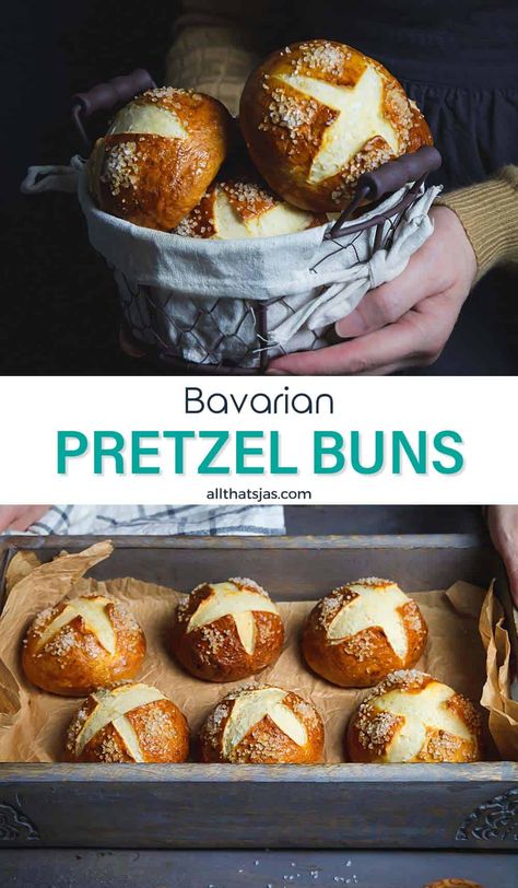 Easy to make homemade Bavarian pretzel rolls aka Laugenbrötchen are soft on the inside with a salty chewy crust. Use them for burgers, sandwiches, or dip in sauces or soups. | allthatsjas.com | #pretzels #baking #buns #rolls #breakfast #sandwiches #pastry #easy #homemade #German #Bavarian #Laugenbrötchen #pretzelsalt #allthatsjas #recipes #holidayrecipes #Thanksgiving #yeast #lye #salted #Oktoberfest #breadrolls #hambugerbuns #dough #bread Soft Pretzel Rolls, Pretzel Rolls Recipe Easy, Pretzel Bun Burger Ideas, Homemade Pretzel Buns, Japanese Bread Buns, Bread Machine Pretzel Dough, Pretzel Bun Sandwich Ideas, German Bread Recipes, Pretzel Buns Recipe