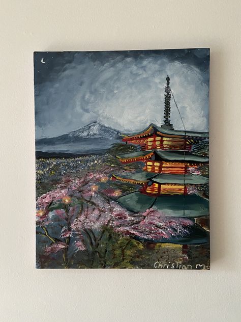 Japan Canvas Painting, Tokyo Painting Acrylic, Japan Painting Acrylic, Tokyo Painting, Japan Painting, Vibes Art, Oil Pastel Art, Canvas Painting Designs, Mt Fuji