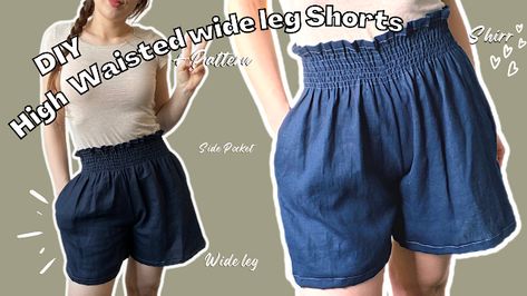 Refashion Co-op: DIY High Waisted Wide leg Shorts from Skirt Elastic Waist Shorts Pattern, Diy Thrift Flip, Diy Elastic, Dress Sewing Tutorials, Shorts Tutorial, Wide Leg Shorts, Diy Shorts, Diy Skirt, Thrift Flip