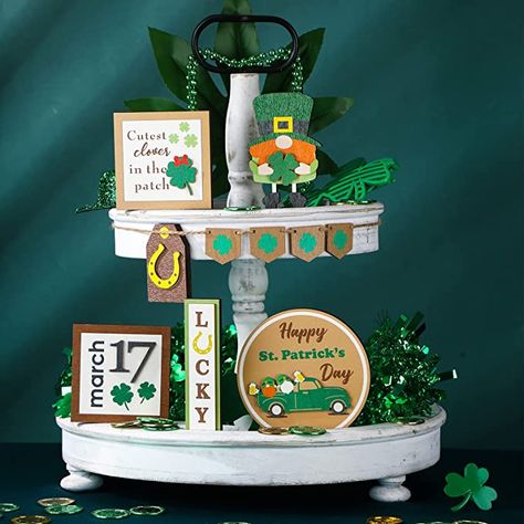 Amazon.com: 7 Pieces Tiered Tray Decor Farmhouse Tiered Tray Items Mini Rustic Farm Decorations Wooden Signs for Valentine's Day Easter St. Patrick's Day Summer Saint Ceremony (Shamrock Style) : Home & Kitchen Fete Saint Patrick, Wood Centerpieces, Farmhouse Wood Sign, Dining Room Table Decor, St Patrick's Day Decorations, Pallet Decor, Coffee Table Tray, St. Patricks Day, Wooden Tray