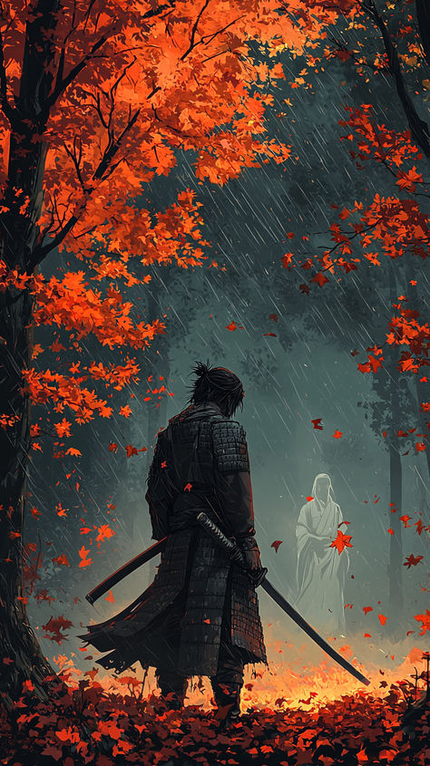 A mesmerizing scene of a lone samurai in armor, standing under the rain in an autumn forest surrounded by vivid red leaves. A mysterious figure appears in the distance, adding a sense of intrigue and serenity. This artwork beautifully captures the spirit of Japanese culture and the allure of nature, drawing you into a world of ancient legends. 🌌🍃 #Samurai #Japan #Autumn #Nature #MysticalVibes Samurai Aesthetic, Lone Samurai, Samurai Spirit, Peaceful Ocean, Ancient Samurai, Japan Autumn, Japanese Art Samurai, Samurai Japan, Under The Rain