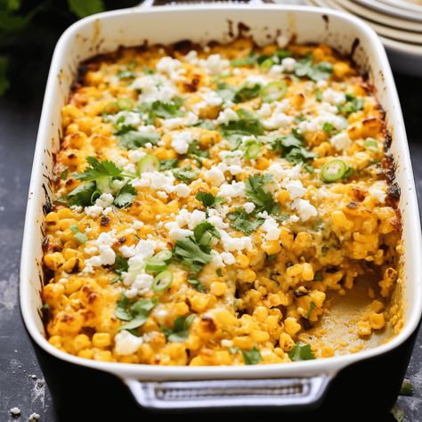 Mexican Street Corn casserole Corn Casserole Crockpot, Mexican Street Corn Casserole, Mexican Corn Casserole, Street Corn Casserole, Mexican Casseroles, Jet Tila, Street Corn Recipe, Yummy Veggies, Christmas Meals