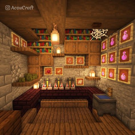 A minecraft Brewing room design for all your potion needs.✨⁠ Design is from my medieval winter house build on youtube, acoucraft. Minecraft Brew Room Ideas, Minecraft Staircase Design Cottage, Minecraft Spruce Interior Design, Enchanted Table Room Minecraft, Potion Making Room Minecraft, Brewing Stand Room Minecraft, Potion Minecraft Room, Potion Room Minecraft Design, Minecraft Cellar Ideas