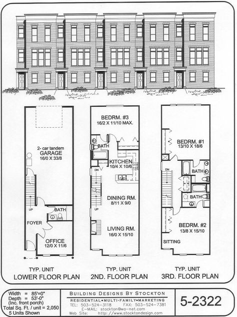 row houses -converting to a 1-car garage/carport would give room for an extra bedroom/office/etc Narrow Apartment Building, Townhome Plans, Duplex Townhouse, Downtown Architecture, Townhouse Plans, Row House Design, Narrow House Plans, San Myshuno, Basement House Plans