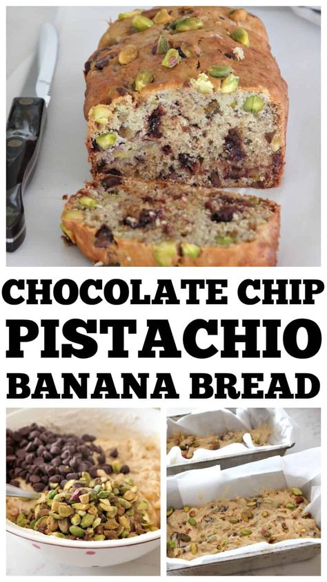 Chocolate Chip Pistachio Banana Bread! One of our very favorites! #bananabread #bananabreadrecipe #bestbananabread #chocolatechipbananabread Pistachio Bread, Pistachio Muffins, Bread Banana, Pistachio Chocolate, Zucchini Banana Bread, Nut Bread Recipe, Apple Cinnamon Bread, Homemade Banana Bread, Chocolate Chip Banana