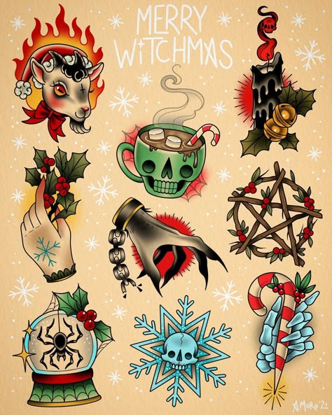 Traditional Christmas Tattoo Flash, Halloween Christmas Tattoo, Christmas Halloween Tattoo, Yule Tattoo Ideas, Christmas Flash Tattoo Sheet, Holiday Flash Tattoo, Spooky Christmas Tattoo, Christmas Traditional Tattoo, Traditional Christmas Tattoo