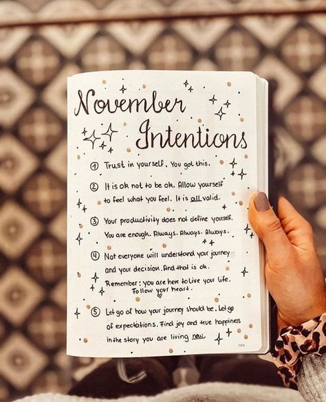 Positivity for your month. What will your November intentions be? -artist unknown. What Are Your Intentions, Belleville Ontario, Shape Fitness, Bullet Journal Mood Tracker Ideas, Gratitude Affirmations, Journal Writing Prompts, Mindfulness Journal, True Happiness, Manifestation Journal