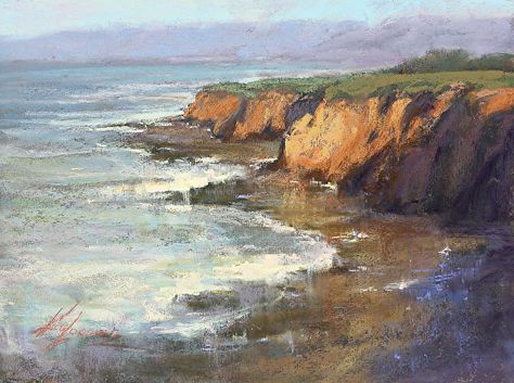 Seascape Watercolour Seascapes, Cliff Painting, Balboa Island, South West Coast Path, Pastel Sec, Pastel Landscape, Pastel Paintings, Seascape Art, Ocean Scenes