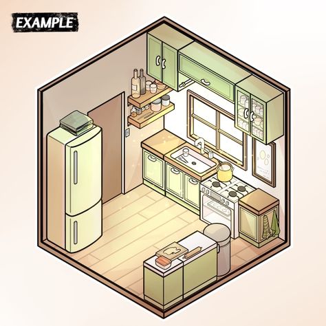 Isometric Kitchen Drawing, Isometric Room Procreate, Isometric Library, Isometric Kitchen, Isometric Rooms, Isometric House, Digital Interior Design, Isometric Room, Bed Vector