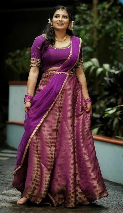 Latest Pattu Half Saree Designs, Langa Davani Designs, Pattu Half Saree Blouse Designs, Half Saree Draping, Pattu Half Saree Designs, Latest Half Saree Designs, Half Saree Blouse Designs, Pattu Half Saree, Cotton Dress Summer Casual