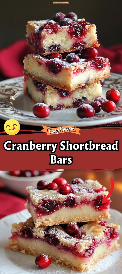 Celebrate the festive season with Cranberry Shortbread Bars, a delicious combination of buttery shortbread and tangy cranberry filling. These bars are topped with a light dusting of powdered sugar, offering a balance of flavors that evoke the joy of holiday baking. #CranberryBars #HolidayBaking #ShortbreadDesserts Cranberry Almond Shortbread, Cranberry Orange Shortbread Recipe, Baking With Fresh Cranberries, Cranberry Gooey Butter Bars, Cranberry Bars Recipe Easy, Desserts With Fresh Cranberries, Cranberry Cream Cheese Bars, Dessert With Cranberries, Things To Make With Cranberries