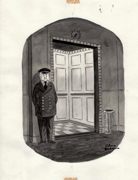 ADDAMS, CHARLES - New Yorker cartoon, Addams Family style Bellman with elevator buttons, 1977 Comic Art Original Addams Family, Addams Family Cartoon, Family Comic, Charles Addams, Elevator Buttons, Ink And Wash, Newspaper Comic Strip, Morticia Addams, New Yorker Cartoons