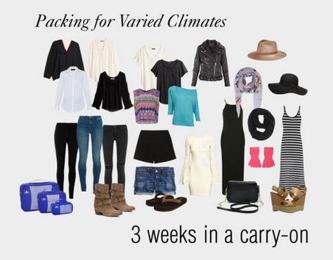 Tips + ideas for packing 3 weeks in a carry-on suitcase. #carryon #travel What To Pack For 3 Weeks In Europe, 3 Weeks In A Carry On, 3 Weeks In Europe Packing, Pack For 3 Weeks, Packing For 3 Weeks, Packing Outfits, Travel Packing Outfits, Travel Packing Lists, Comfy Flip Flops