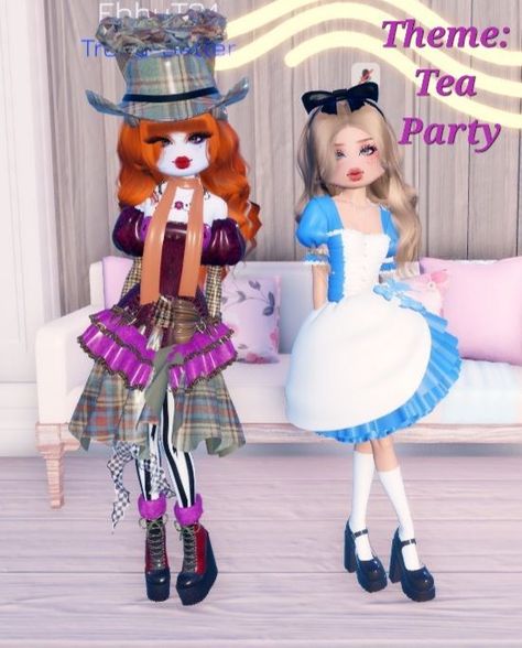 What should a girl be on Halloween? Tea Party Dti Outfit, Mad Hatter Dress To Impress, Dress To Impress Duo Outfits, Tea Party Dress To Impress, Tea Party Fashion, Top Model Dress, Disney Fairytale Wedding Dress, Halloween Fashion Outfits, Tea Party Outfit