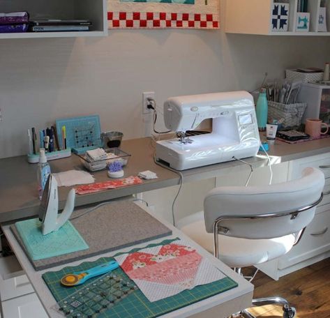 Three ways to make your sewing space more efficient - The Crafty Quilter Sewing Room Furniture Ideas, Sewing Rooms In Small Spaces, Sewing Closet Ideas Small Spaces, Sewing Room Setup, Quilting Rooms In Small Spaces, Quilt Studios Sewing Spaces, Sewing Room Organization Work Stations, Closet Sewing Space, Sewing Area Ideas