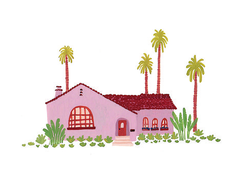 Plants Canvas Painting, Bungalow Illustration, Stucco Bungalow, Pink Bungalow, Pink Stucco, Gouache Illustration, Prints Illustration, Art Gouache, Revival Architecture