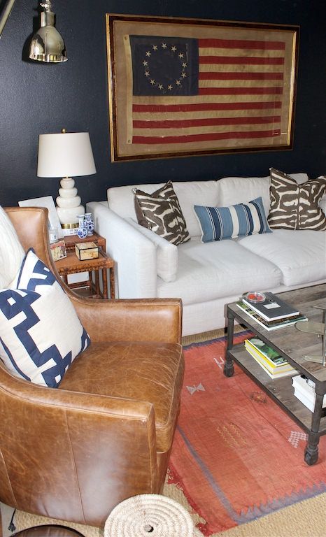 Merrimac Residence | Amy Berry Design Navy Den, American Flag Living Room, Vintage Industrial Interior, Amy Berry, Polo Bar, Sofa Leather, Industrial Style Decor, White Sofa, Pipe Decor