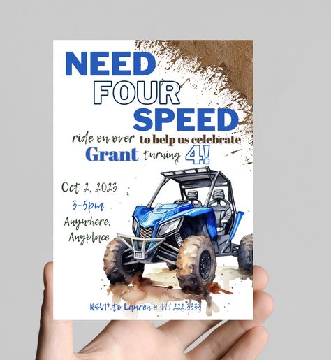 Need four (for) speed ATV side by side theme 4th birthday boy invitation, rev your engine shift into gear, dirt, mud, printable, digital Four Wheeler Themed Birthday Party, Off Road Themed Birthday Party, Rzr Birthday Party Ideas, Atv Birthday Party Ideas, Four Wheeler Birthday Party, Dates Background, Need Four Speed, Dirty 30 Birthday Party, 4th Birthday Boys