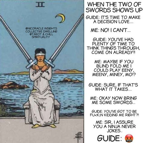 Rider waite 6 Of Swords Tarot Meaning Reversed, 2 Of Swords Tarot Meaning, Eight Of Swords Tarot Meaning, Two Of Swords Tarot Meaning, Tarot Jokes, Swords Tarot Meaning, Two Of Swords, Page Of Swords, Learning Tarot