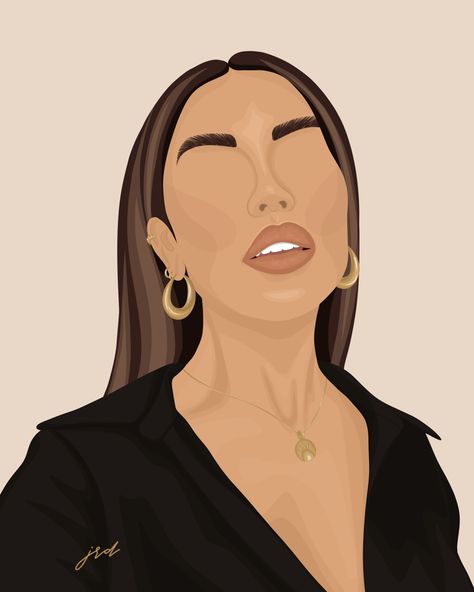 custom digital illustration created on procreate of a beauty influencer wearing a black top and gold jewelry