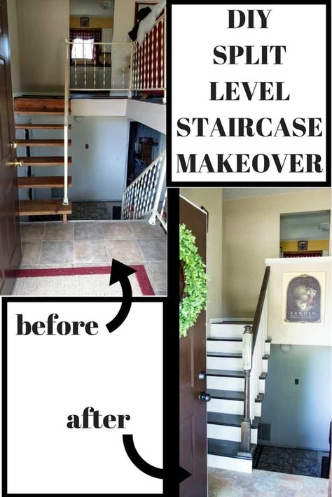 Split Level Staircase and Entryway Makeover - MY CHIC OBSESSION Split Level Staircase Ideas, Split Level Staircase, Split Entry Remodel, Split Level Entryway, Craftsman Style Kitchens, Bi Level Homes, Split Level Remodel, Split Entry, Mobile Home Makeovers