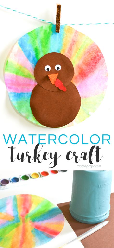 With just a few supplies, these watercolor coffee filter turkeys are a fun Thanksgiving craft to make with the kids. Hang around the house as some cute Thanksgiving decorations! They would look really pretty hanging in a window because the watercolors give them a sun catcher type of look! #kidscraft #turkeycraft Watercolor Coffee Filter, Thanksgiving Crafts To Make, Handprint Turkey, Thanksgiving Crafts For Toddlers, Fun Thanksgiving Crafts, Thanksgiving Crafts Preschool, Craft To Make, Turkey Hat, Thanksgiving Craft