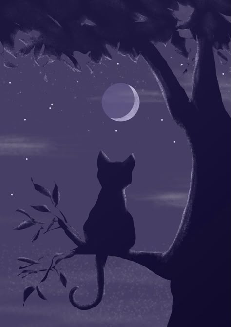 Cat sitting in a tree looking at the moon Black Cat Sleeping Drawing, Cat On The Moon Drawing, Cat Shadow Drawing, Black Cat Drawing Aesthetic, Cat And Moon Wallpaper, Purple Cat Drawing, Moon Aesthetic Drawing, Moon Cat Wallpaper, Cute Cat Wallpaper Cartoon