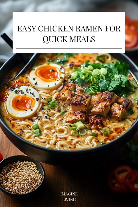 This easy chicken ramen is the perfect quick meal or a flavorful side dish to complete your dinner table. Ramen Noodles Easy Recipe, Hello Fresh Ramen Recipe, Cold Day Meals Easy Recipes, Chicken Ramen Noodles Recipes, Easy Chicken Ramen Soup, Homemade Chicken Ramen Noodles, Delicious Ramen Recipes, 30 Days Of Dinner Meal Ideas, Chicken With Ramen Noodle Recipes