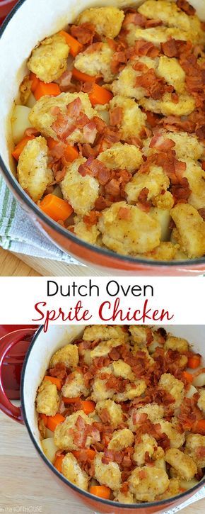 Dutch Oven Sprite Chicken Sorry - but with the potatoes, sprite and flour, this yummy-looking dish is not low carb. :( Sprite Chicken Dutch Oven, Dutch Oven Sprite Chicken, Mountain Dew Chicken Dutch Oven, Fancy Dutch Oven Recipes, Dutch Oven Chicken Recipes For Camping, Mountain Dew Chicken, Chicken And Potatoes Dutch Oven, Dutch Oven Dinners For Camping, Dutch Oven Chicken And Potatoes