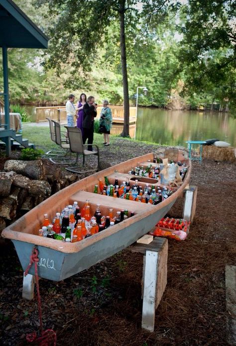 Drinks in a boat Drink Holder Diy, Wedding Dessert Table Decor, Lake Wedding Venues, Rustic Country Wedding Decorations, Wedding Drink Station, Sports Themed Wedding, Wedding Backyard Reception, Dessert Table Decor, Barn Parties