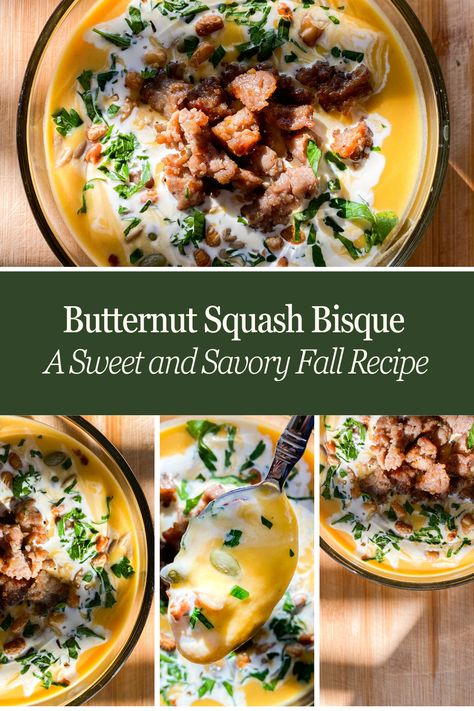 Butternut squash bisque is the epitome of fall dinners! This Sweet and Savory Butternut Squash Bisque is a creamy soup with the rich fall flavors of sweet squash, roasted onion and garlic, hints of warm autumn spices, and hearty Italian sausage. Creamy Butternut Squash And Sausage Soup, Honey Nut Squash Recipe Soup, Butternut Sausage Soup, Butternut Squash And Sausage Soup, Sausage Butternut Squash Soup, Butternut Squash Soup With Sausage, Butternut Squash And Sausage Recipes, Butternut Squash Bisque Soup, Butternut Squash Sausage Soup