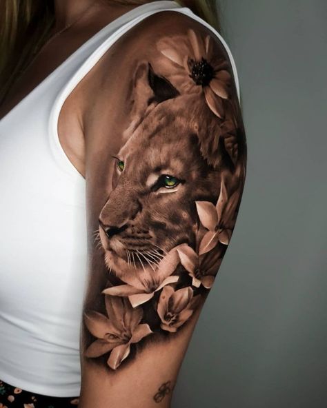 Lioness With Roses Tattoo For Women, Lioness And Cub Tattoo, Lion And Lioness Tattoo, Lioness Tattoo Design, Female Lion Tattoo, Thumb Tattoos, Cubs Tattoo, Fierce Lion, Lioness Tattoo