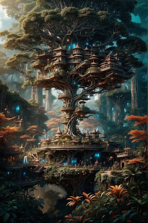 Tree Town, Nature And Technology, Fantasy Town, Lush Forest, Giant Tree, Fantasy Setting, Forest Art, Technology Design, Environment Concept Art