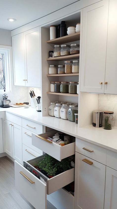 Discover Virgo's minimalist kitchen: sleek white cabinets for a pristine look, an organized pantry for effortless access, and a sunlit herb garden window🌿. Experience an efficient layout with clean lines and surfaces for a tranquil cooking space.✨ Embrace elegance and simplicity! #HomeInspiration Herb Garden Window, Organized Pantry, Garden Window, Minimalist Kitchen, Pantry Organization, White Cabinets, Herb Garden, Clean Lines, Pantry