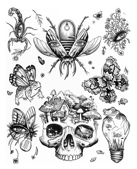 Fantastical ✨ frogs and wings, lightbulbs and things. Hand drawn Illustrative tattoo ideas, on a flash sheet for you 💖 Match my weird? #flashsheet #illustrationtattoo #tattoodrawing #tattooart #surrealtattoo #illustrationdrawing #tattooflash #flashart #tattoodesigns Whimsical Flash Tattoo, Mushroom Flash Sheet, Summer Flash Sheet, Feminine Flash Sheet, Bug Flash Sheet, Surreal Tattoo, Flash Art, Tattoo Drawings, Flash Tattoo