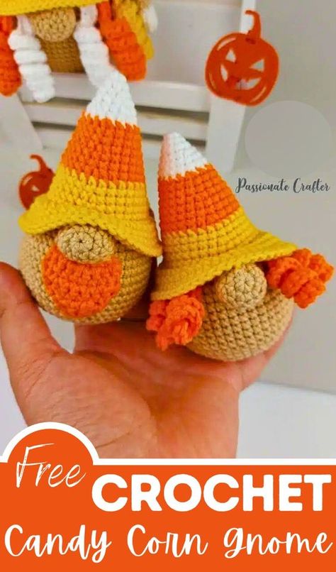 For kids, crochet this small Candy Corn Gnome Amigurumi, an easy-to-follow crochet project perfect for beginners. This adorable gnome, featuring candy corn colors, adds a whimsical touch to your Halloween decor. There are two versions available. Halloween Crochet Candy Corn, Halloween Bazaar Ideas, Crochet Halloween Gnomes Free Pattern Easy, Candy Corn Gnome Crochet, Small Gnome Crochet Pattern, Pumpkin Gnome Crochet Pattern, Diy Crochet Halloween Decor, Crochet Ideas For Halloween, Crochet Fall Gnomes Free Pattern