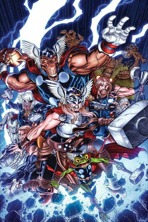 The Thor Corps were composed of multiple men and women across Battleworld and served as God Emperor Doom's police force. In order to become a member of the Thor Corps, one must be worthy to wield the power of Mjolnir during a ceremony held in one of the halls of Doomgard, the Thor Corps' base of operations. They served God Emperor Doom without question. Thunderer Thorlief was a top Thor Corps member where he was known for solving the "Mangog Murders" and had a record of arresting 13 Hulks ... Nick Bradshaw, Thor Art, Marvel Character Design, Thor Comic, Univers Marvel, The Mighty Thor, Marvel Thor, Marvel Vs Dc, Marvel Comic Universe