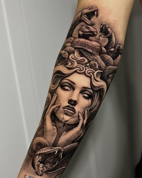 26 Medusa Tattoo Designs That Scream For Female Empowerment Medusa Sleeve Tattoo Design, Medusa Tattoo On Shin, Medusa Bicep Tattoo, Realistic Medusa Tattoo Design, Medusa Tattoo Arm Sleeve, Medusa Stone Tattoo, Woman Screaming Tattoo, Sleeve Tattoos Medusa, Big Tattoo Designs For Women