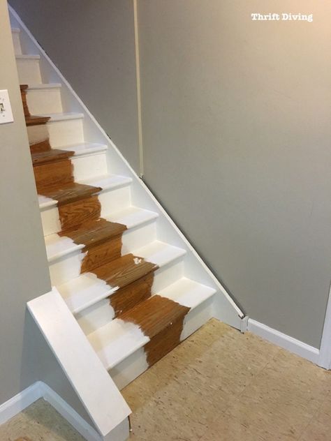 DIY Painted Stairs Makeover - Thrift Diving Blog 2 Diy Painted Stairs, Painted Stairs Makeover, Painting Wooden Stairs, Stairs Diy Renovation, Stairs Makeover Design, Diy Stairs Makeover, Stairs Makeover Ideas, Stairs Renovation, Painted Staircases