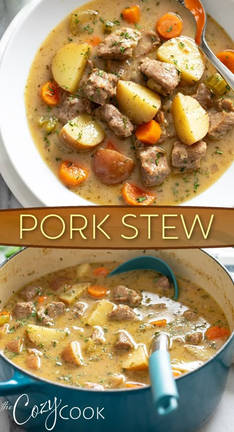 This delicious pork stew is easy to make on the stove top or the slow cooker! It's loaded with tender pork and savory vegetables in a super flavorful broth. Pork Stew Meat Recipes, Pork Stew Meat, Pork Soup Recipes, Slow Beef Stew, Recipes Using Pork, Pork Stew Recipes, Pork Casserole, Cozy Cook, Pork Crockpot Recipes