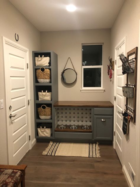 Mudroom Plant Room, Mud Room With Table, Mud Room Bench Dog Bowl, Dog Room Mud Room, Dog Bowl Storage Cabinet, Dog Bowls Under Cabinet, Dog Bowl Mudroom, Laundry Mud Room Dog Kennel, Mudroom Dog Food Storage