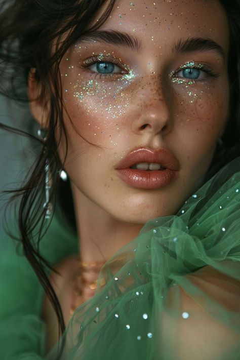 Moss Makeup Looks, Fairy Inspired Makeup Simple, Fantasy Wedding Makeup, Gold Fairy Makeup, Gold Flakes Makeup, Fairy Wedding Makeup, Green Makeup Aesthetic, Fairy Inspired Makeup, Glitter No Rosto