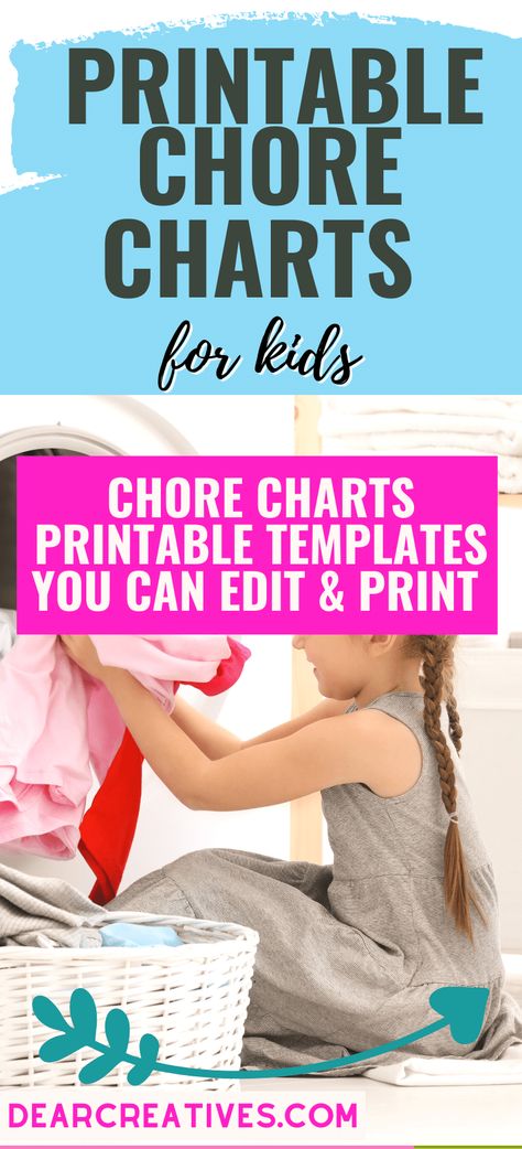 Printable Chore Charts - Back To School is here! And there are a few things you can do to make life easier at home. Use a chore chart for kids to help your kids stay on track, and give them responsibilities...Many of these chore charts are editable. Find out more at DearCreatives.com Bonus there is even a printable chore chart for free! See all the ideas at DearCreatives.com Kids Charts, Chore Charts For Kids, Chore Organization, Free Printable Chore Charts, Chore List For Kids, Free Printable Cleaning, Weekly Chore Charts, Chore Chart Template, Age Appropriate Chores