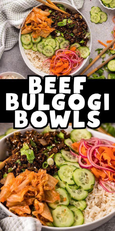 How to make beef bulgogi bowls Beef Bulgogi Bowl Recipe, Ground Beef Bulgogi Recipe Easy, Korean Bulgogi Bowl, Bugolgi Korean, Ground Beef Bulgogi Bowl, Bulgogi Rice Bowl, Easy Beef Bulgogi, Beef Bulgogi Bowl, Crispy Ground Beef